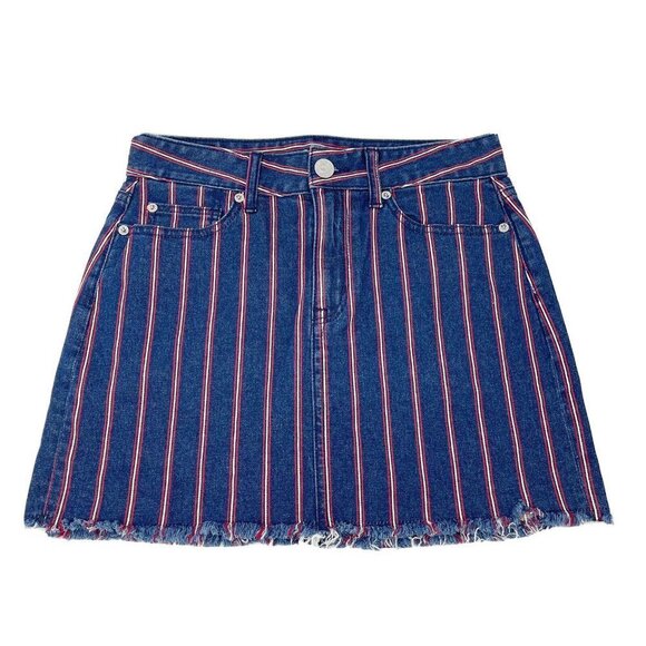 American Eagle Denim Jean Mini Skirt Womens Size 4 Red Blue Stripe High Rise - Picture 1 of 9